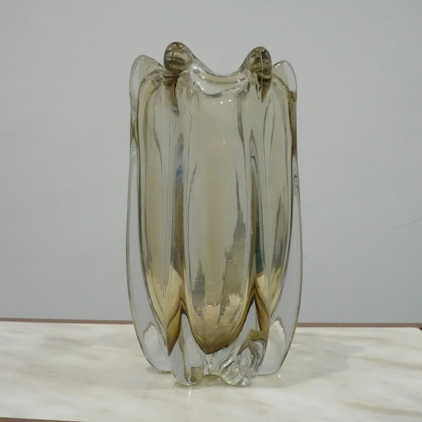 Modern decorative glass vase with smoked transparent finish and organic curved silhouette for luxury home decor