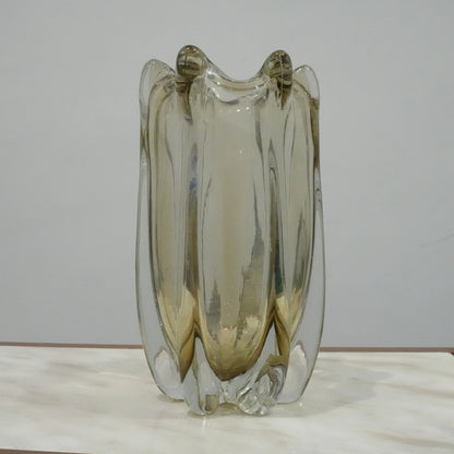 Modern decorative glass vase with smoked transparent finish and organic curved silhouette for luxury home decor