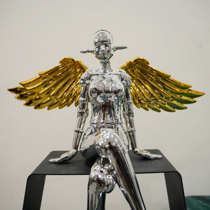 Mirror silver winged lady decor accent with gold detailing and black frame