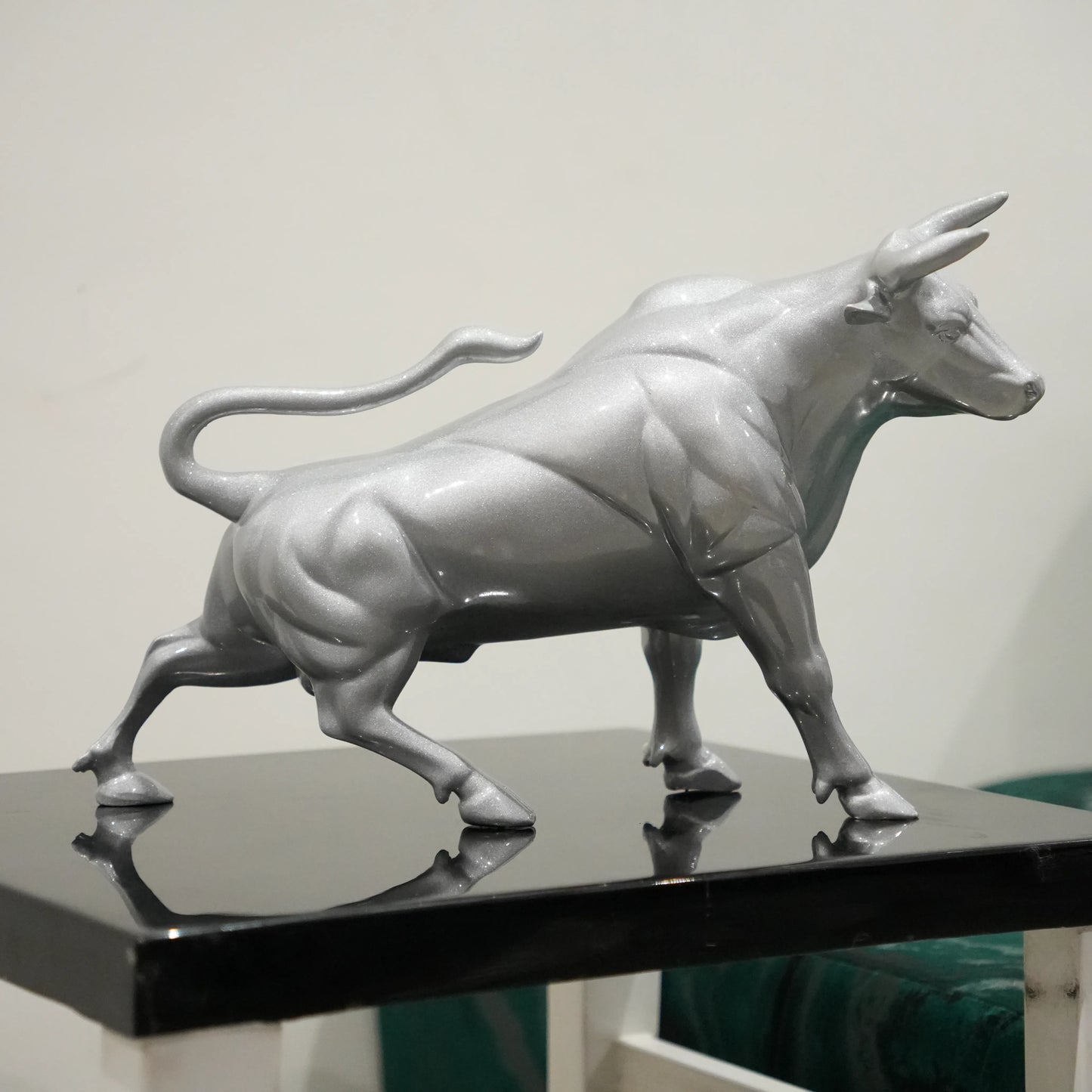 Sterling silver bull decor accent with geometric contours for modern home and office interiors