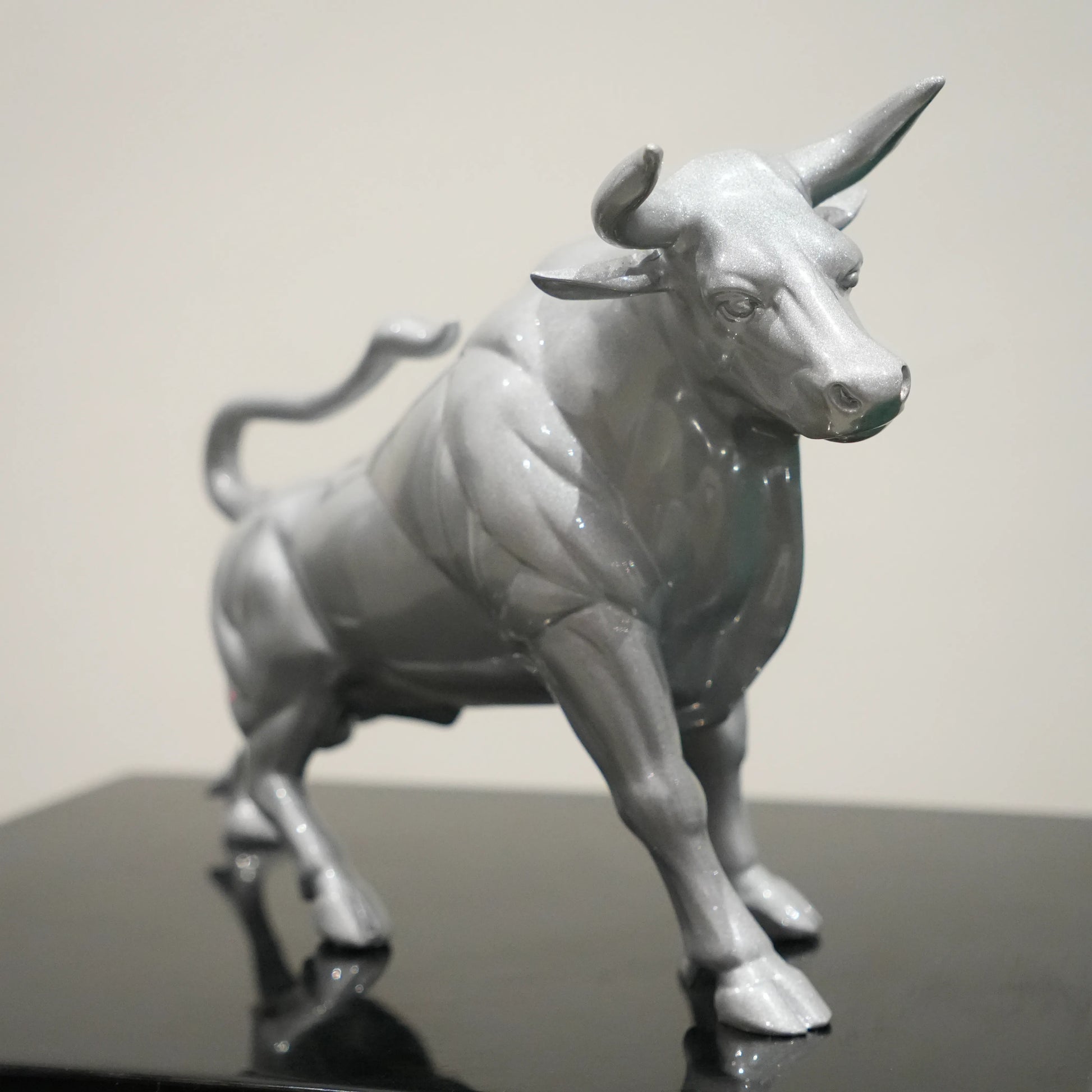 Sterling silver bull decor accent with geometric contours for modern home and office interiors