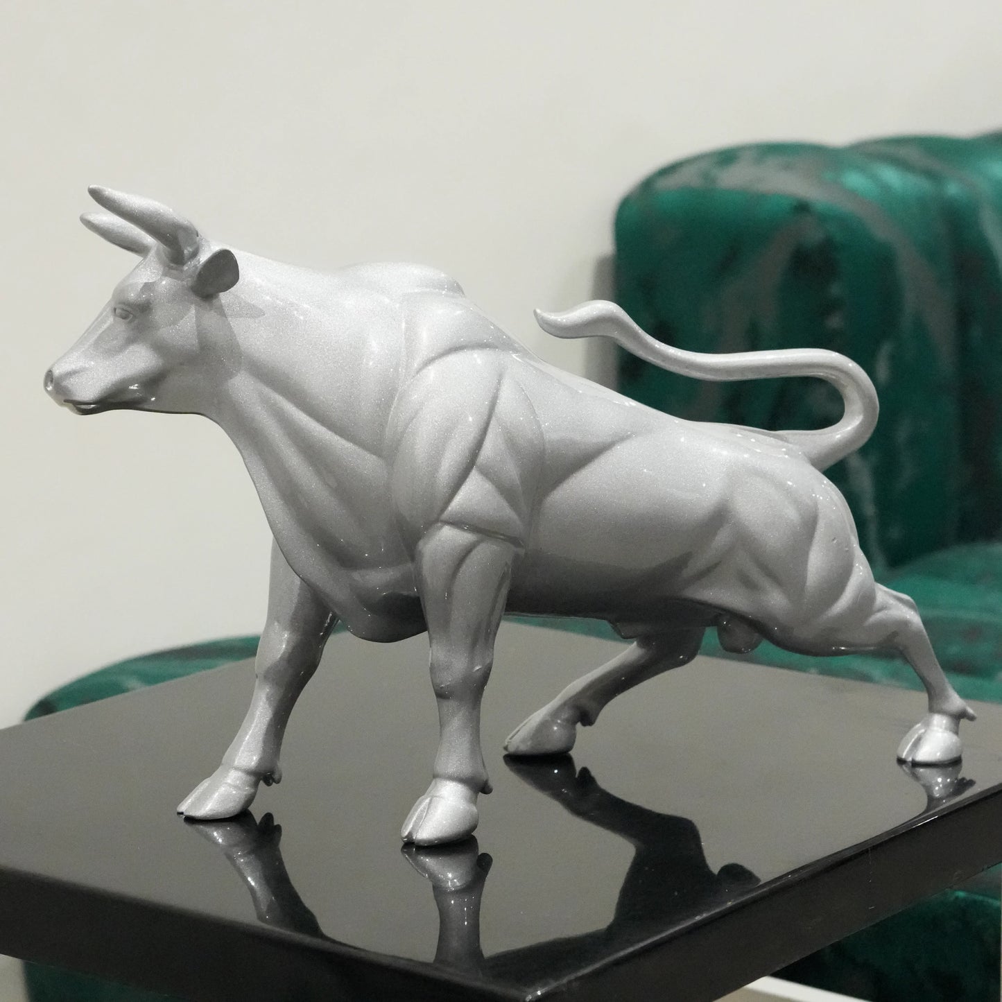 Sterling silver bull decor accent with geometric contours for modern home and office interiors