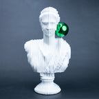 White abstract ribbed bust sculpture with green accent sphere, modern console decor piece for living room styling, minimal interior aesthetic