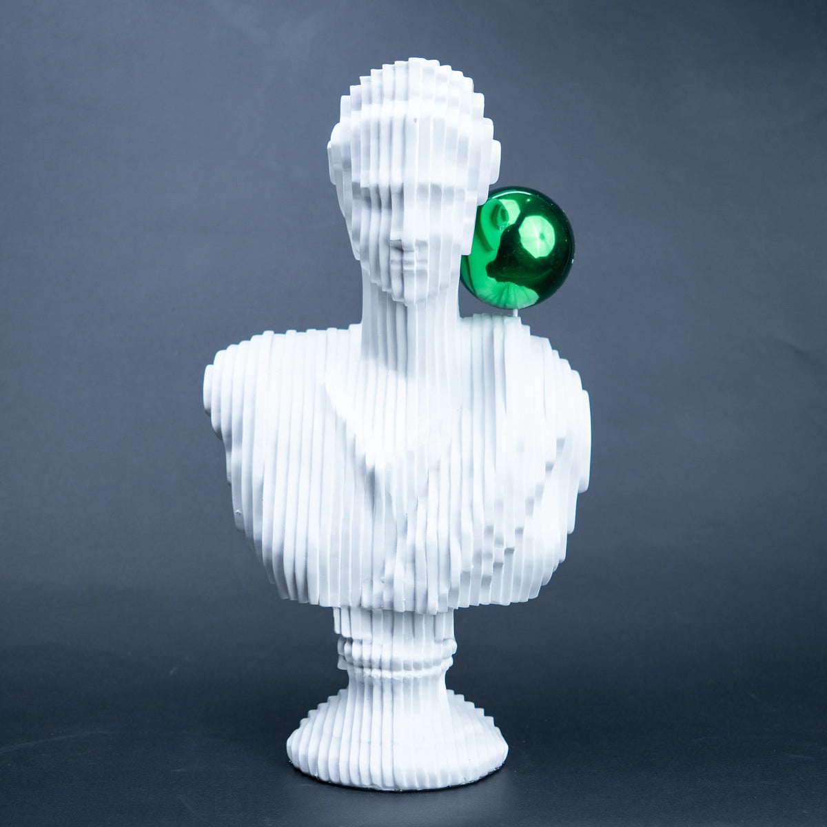 White abstract ribbed bust sculpture with green accent sphere, modern console decor piece for living room styling, minimal interior aesthetic