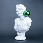 White abstract ribbed bust sculpture with green accent sphere, modern console decor piece for living room styling, minimal interior aesthetic