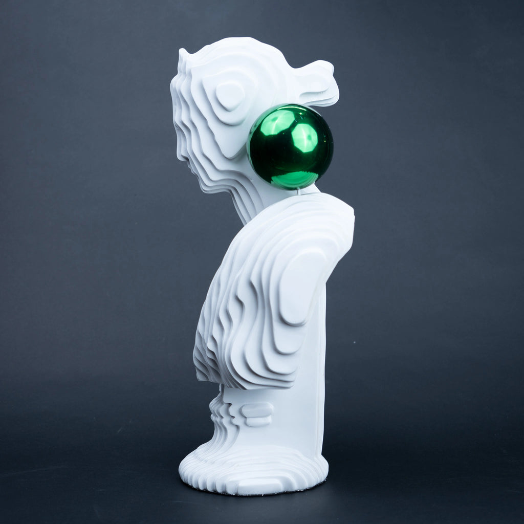White abstract ribbed bust sculpture with green accent sphere, modern console decor piece for living room styling, minimal interior aesthetic