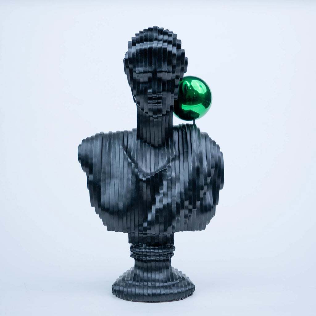Matte black modern bust sculpture featuring an abstract human face design for luxury contemporary home décor