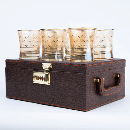 Luxury Drinking Glass Set of 6 with Gold Botanical Floral Design, Gold Rim and Premium Storage Box | Unique Gifting