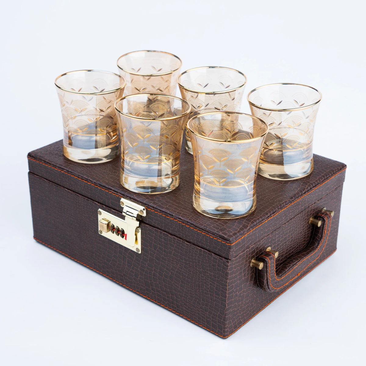 Luxury Drinking Glass Set of 6 with Gold Botanical Floral Design, Gold Rim and Premium Storage Box | Unique Gifting