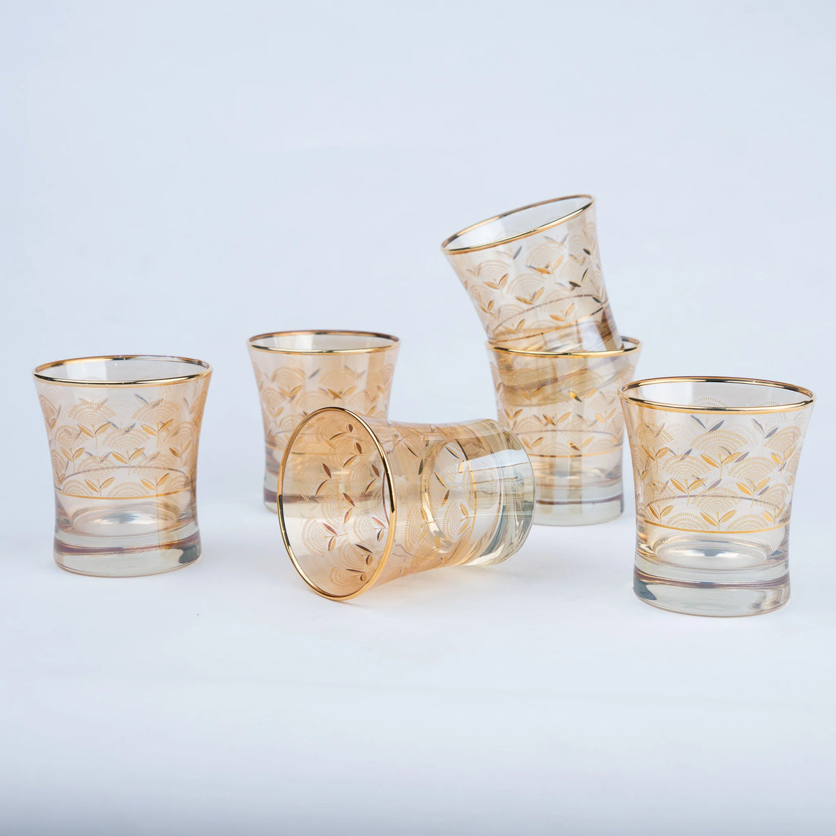 Luxury Drinking Glass Set of 6 with Gold Botanical Floral Design, Gold Rim and Premium Storage Box | Unique Gifting