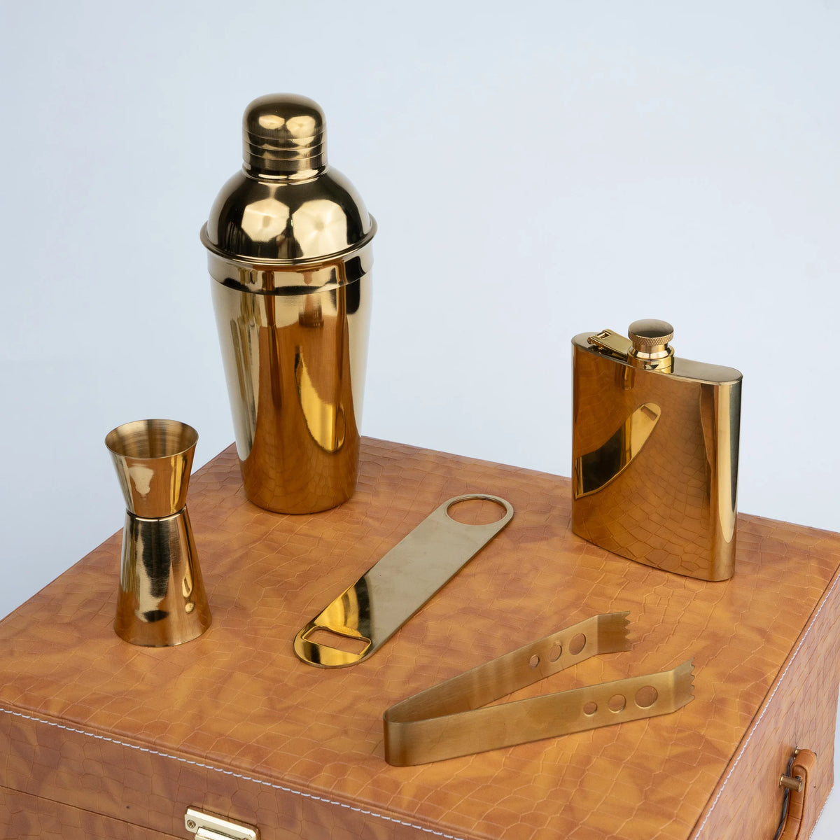 Ghar Art Luxury Barware Set with Cocktail Shaker, 6 Gold Patterned Glasses, Jigger, Flask, Bottle Opener and Bar Tools, Premium Home Bar Set