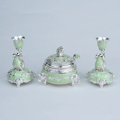 Elephant Decorative Set for Home Décor, Lotus Candle Holders with Lidded Bowl and Spoon, Mint Green and Silver Luxury Tabletop Set