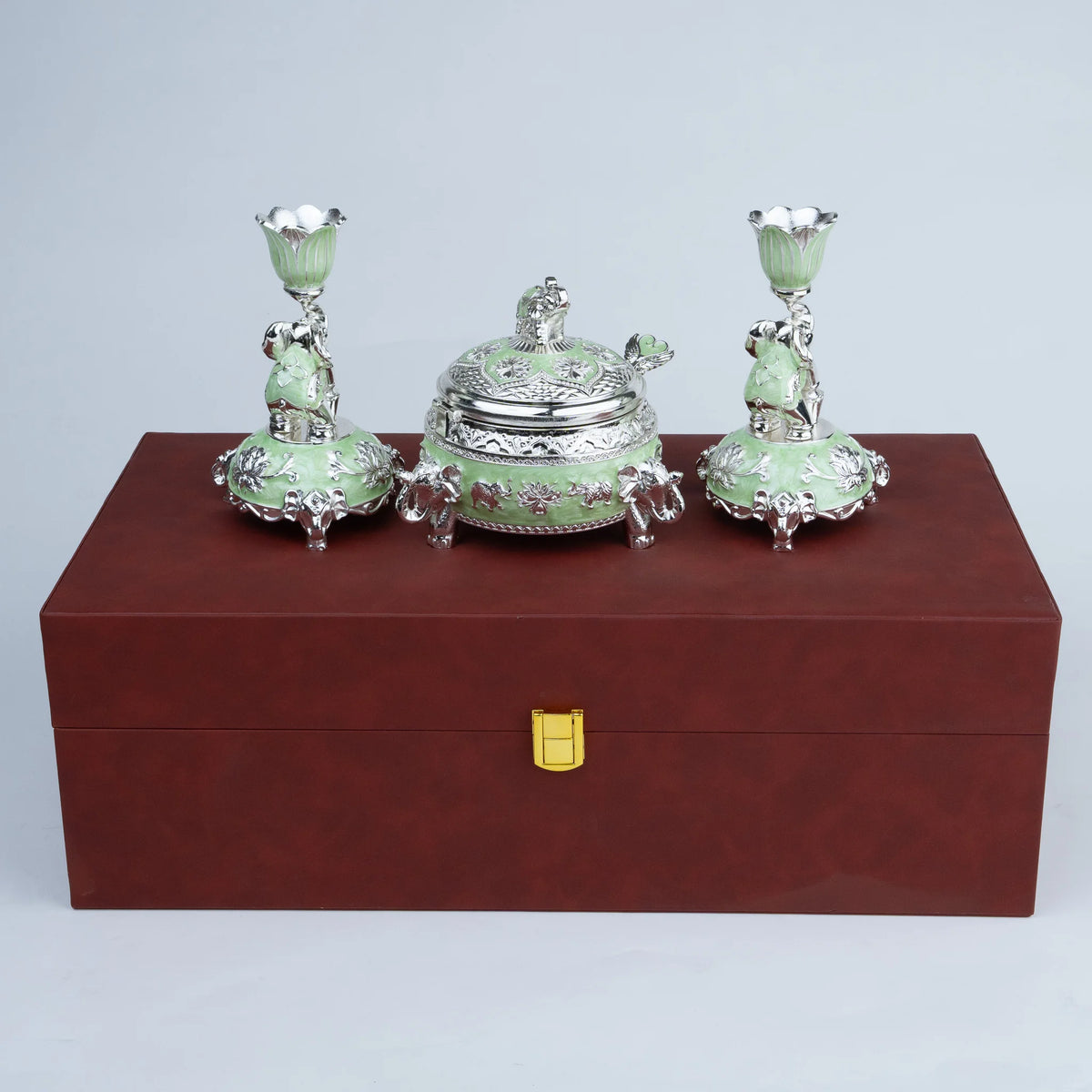 Elephant lotus luxury décor set with mint green and silver detailing in premium burgundy box