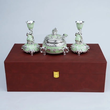 Elephant lotus luxury décor set with mint green and silver detailing in premium burgundy box