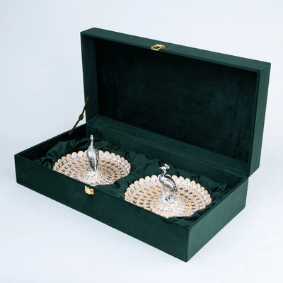 Ghar Art Royal Peacock 2-Piece Decorative Platter Set with Ornate Peacock Design, Silver and Champagne Finish | Luxury Festive Table Décor