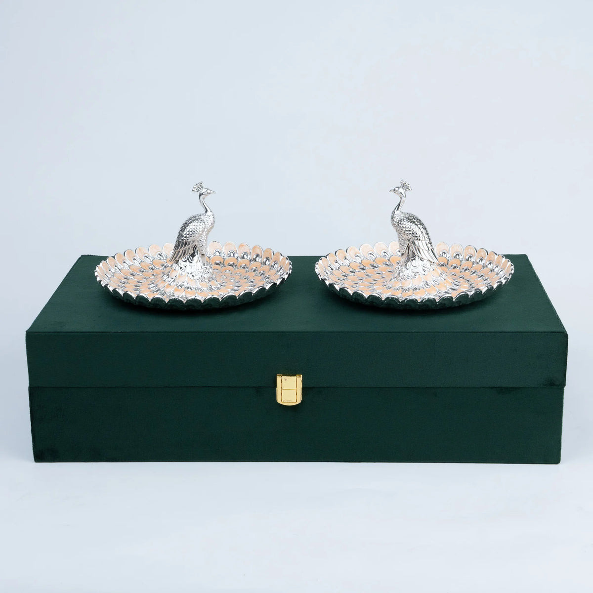 Ghar Art Royal Peacock two-piece decorative platter set with silver and champagne feather detailing