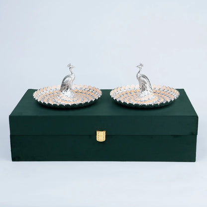 Ghar Art Royal Peacock two-piece decorative platter set with silver and champagne feather detailing