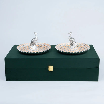Ghar Art Royal Peacock two-piece decorative platter set with silver and champagne feather detailing