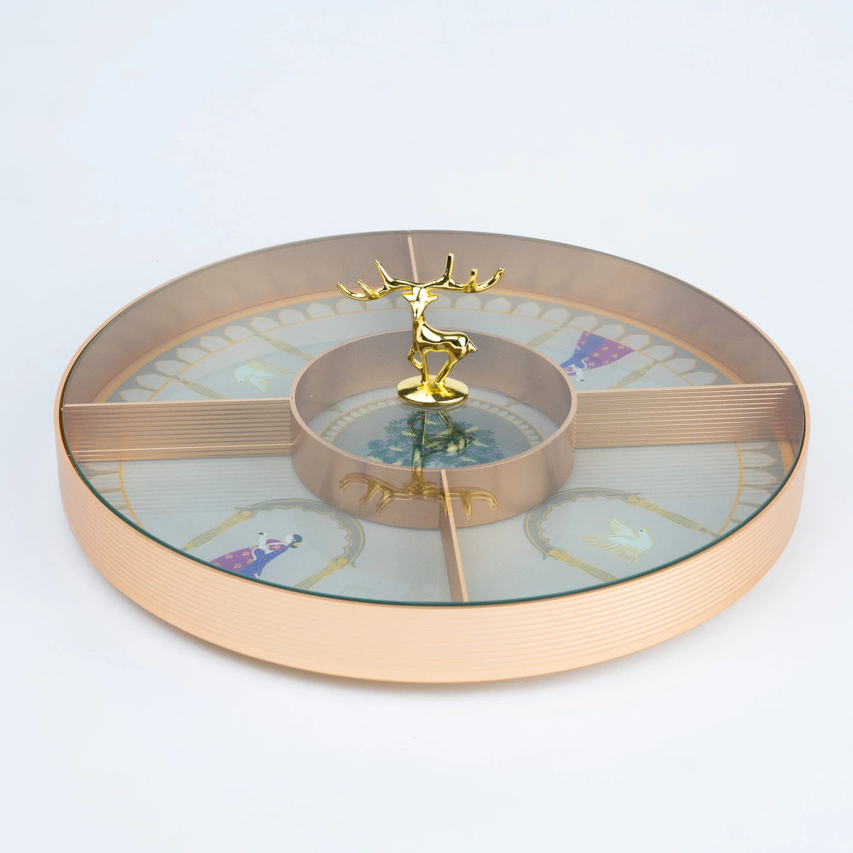 Round luxury glass tray with golden deer accent and intricate Indian inspired decorative artwork