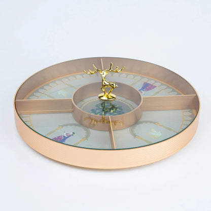 Round luxury glass tray with golden deer accent and intricate Indian inspired decorative artwork