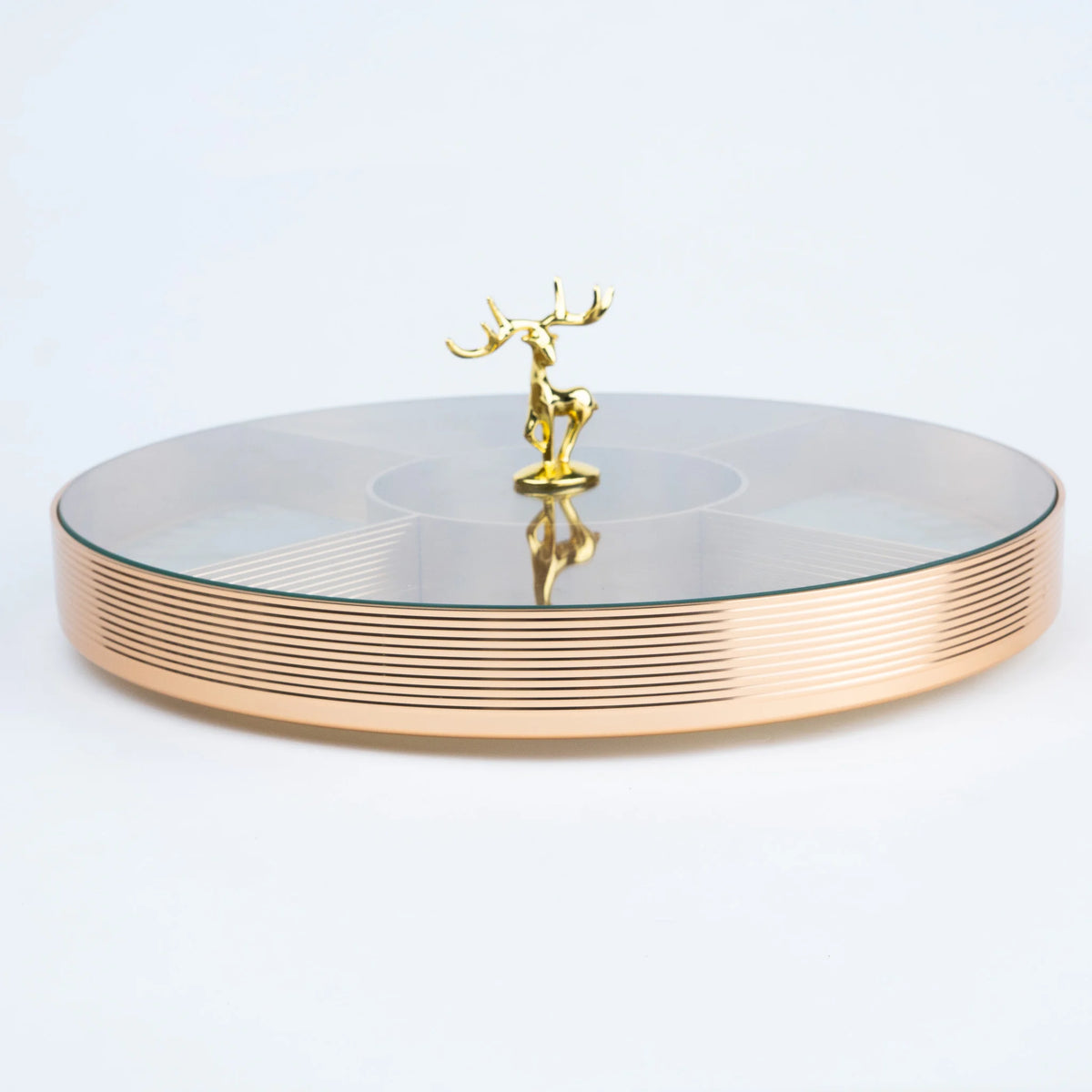 Gold deer decorative tray with glass top and rose gold metallic circular frame