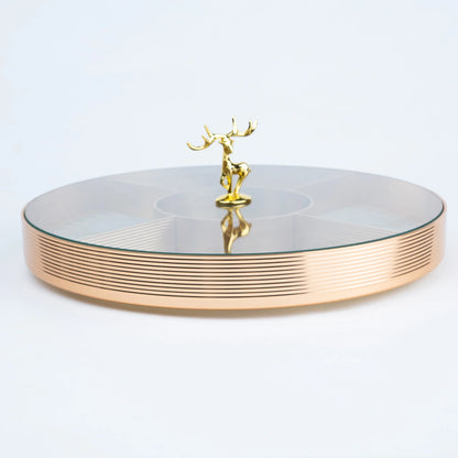 Gold deer decorative tray with glass top and rose gold metallic circular frame