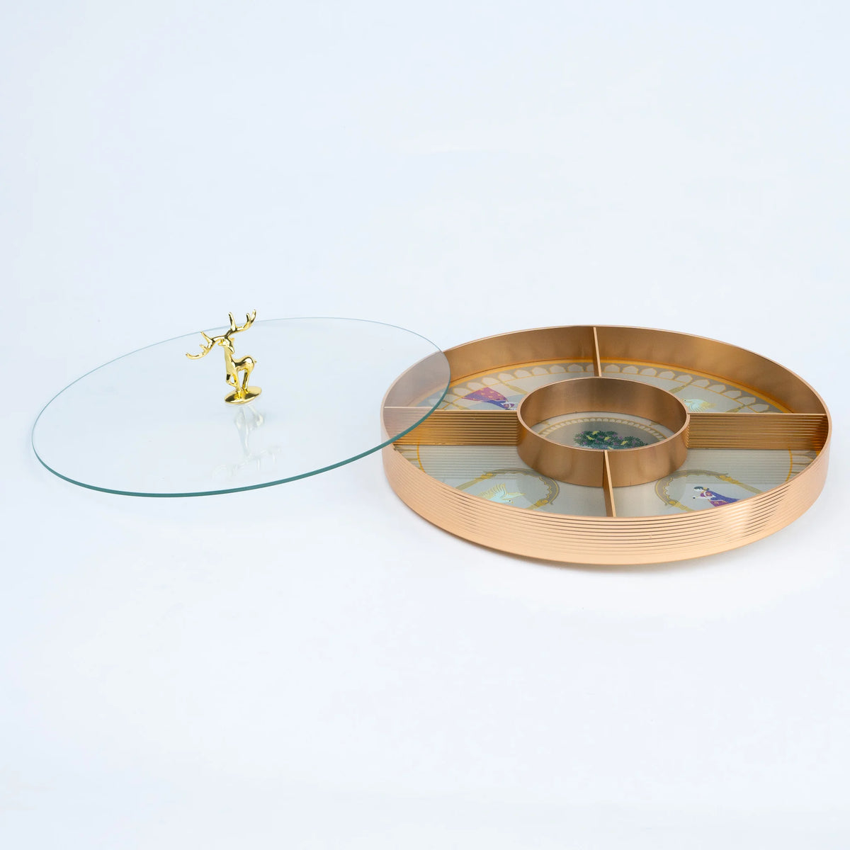 Ghar Art Royal Deer glass decorative tray with gold deer centrepiece and rose gold frame