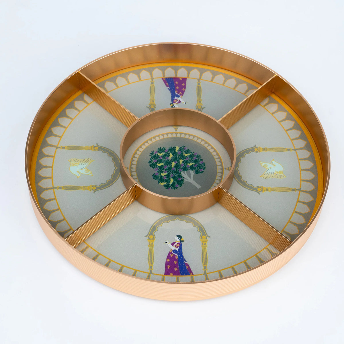 Luxury coffee table tray with golden deer, glass surface and detailed decorative artwork