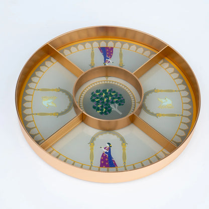 Luxury coffee table tray with golden deer, glass surface and detailed decorative artwork