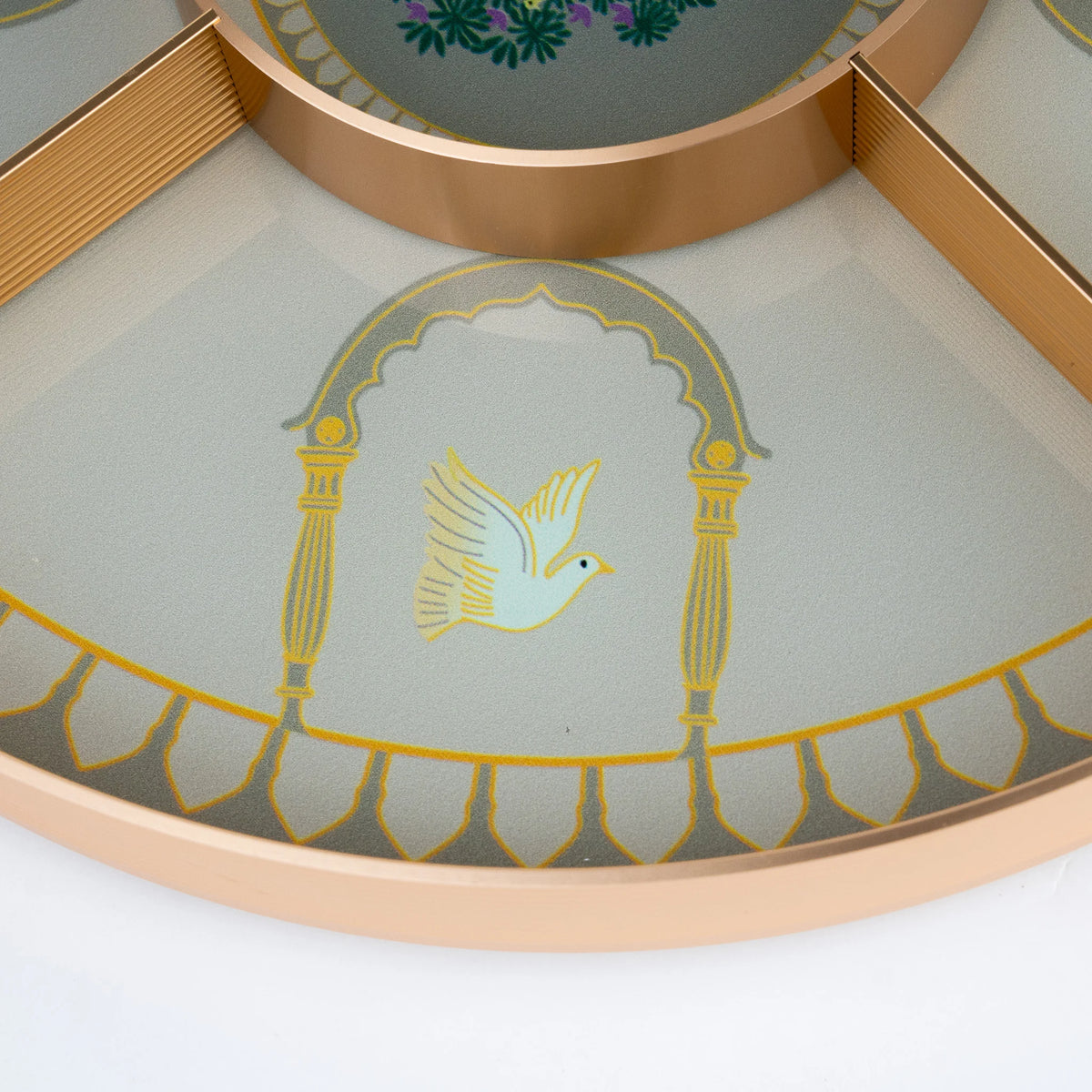 Luxury coffee table tray with golden deer, glass surface and detailed decorative artwork