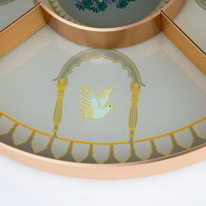 Luxury coffee table tray with golden deer, glass surface and detailed decorative artwork