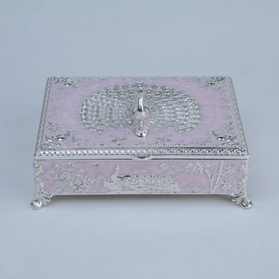 Ghar Art Pink Peacock Dry Fruit Box with Ornate Silver Peacock Design, 6-Compartment Decorative Storage Box | Luxury Diwali Gift for Home