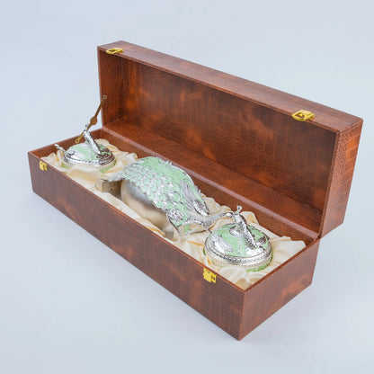 Emerald green and silver peacock dry fruit serving set with three ornate containers and clear centre dome