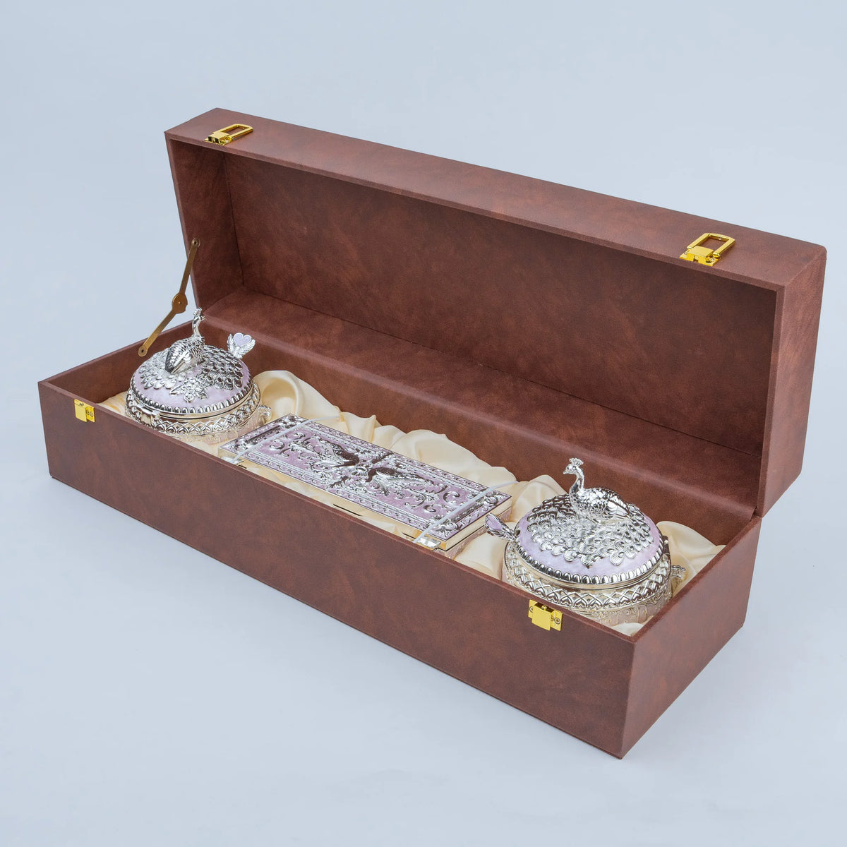 Luxury silver peacock dry fruit boxes with ornate lids and decorative presentation case