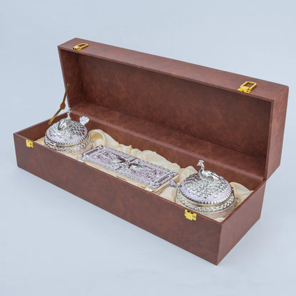 Luxury silver peacock dry fruit boxes with ornate lids and decorative presentation case
