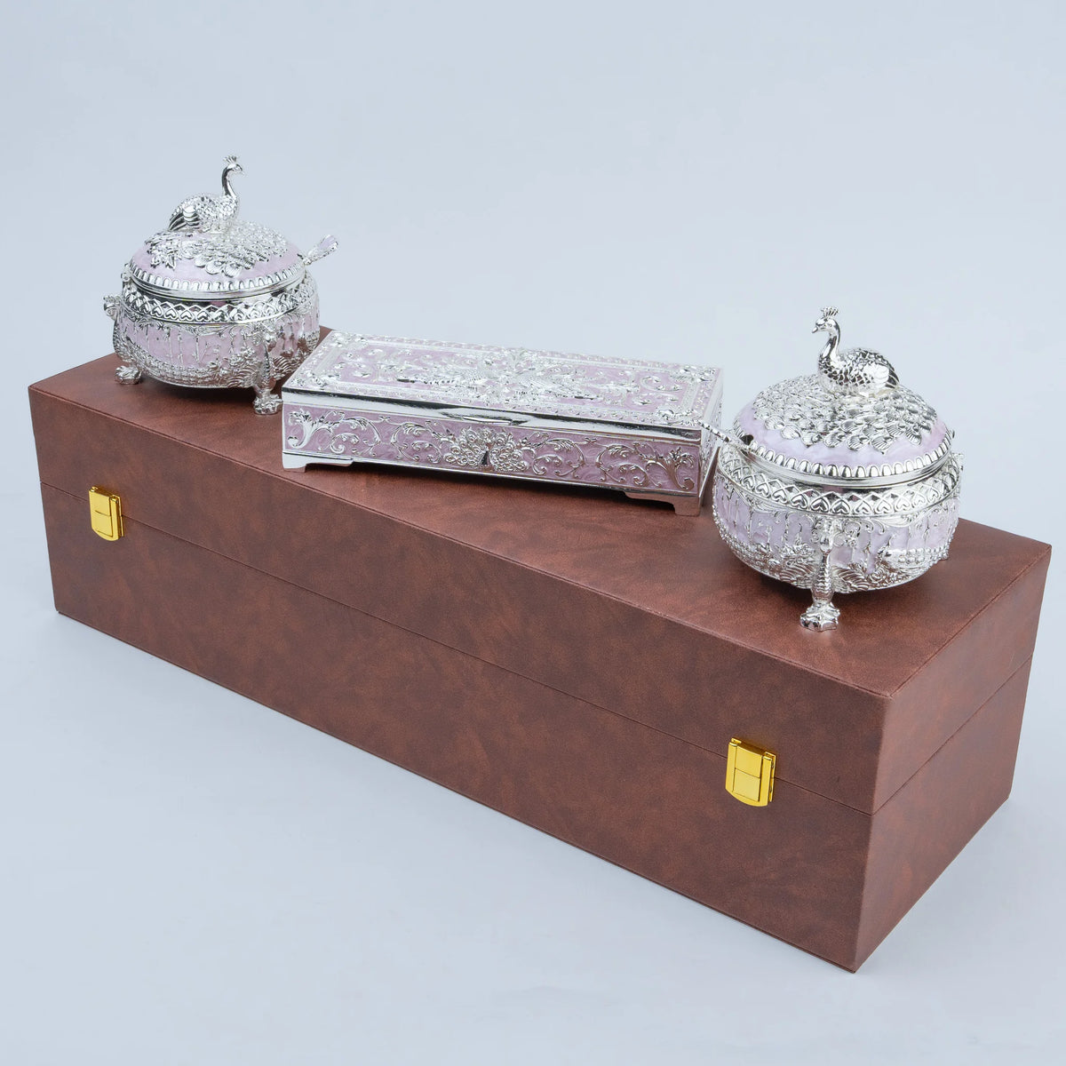 Ghar Art Royal Peacock 3-piece dry fruit box set in luxury brown presentation case