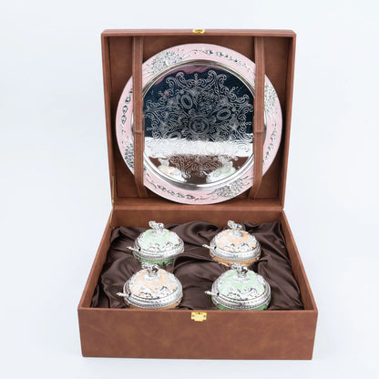 Ghar Art luxury elephant decorative set with four mint green and peach lidded containers and silver tray
