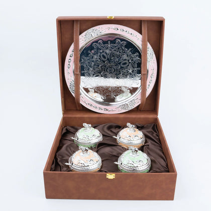 Ghar Art luxury elephant decorative set with four mint green and peach lidded containers and silver tray