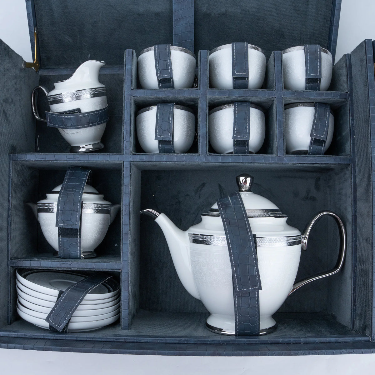 15 piece white ceramic tea set with teapot cups saucers sugar bowl and creamer in gift case