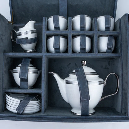 15 piece white ceramic tea set with teapot cups saucers sugar bowl and creamer in gift case