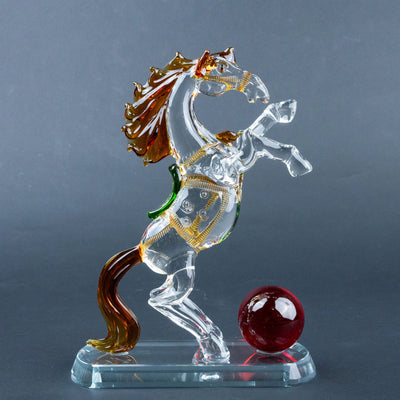 Crystal Gallop Horse Figurine | Luxury Horse Sculpture with Amber Mane, Gold Details and Red Accent, Decorative Tabletop Art for Living Room, Office and Home Décor