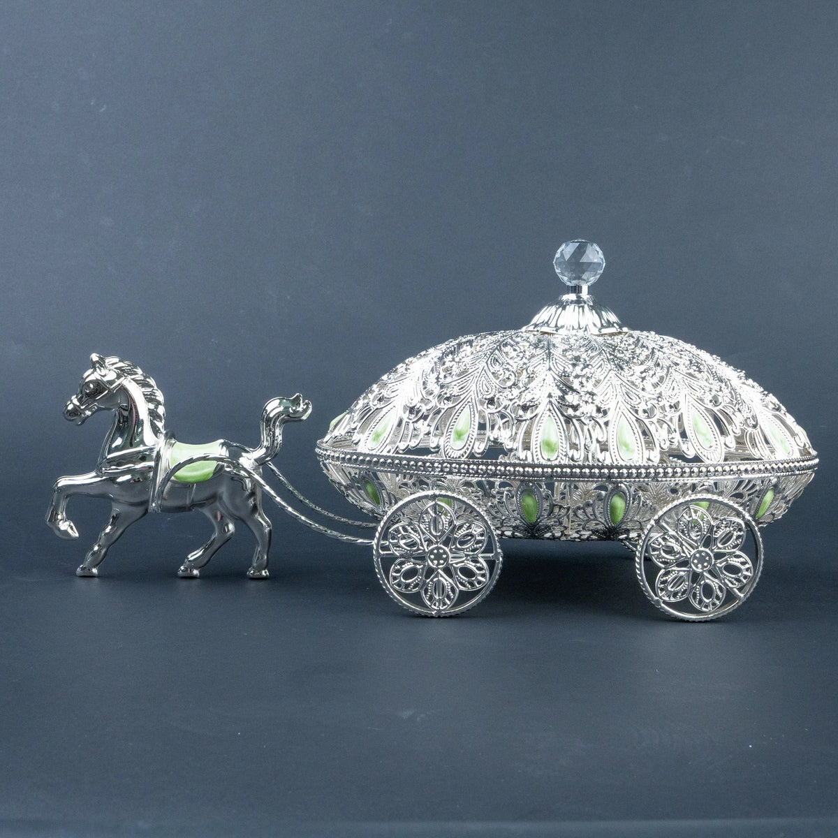 Silver horse carriage jewellery box with soft green detailing