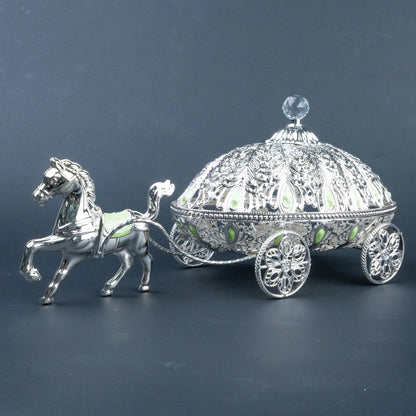 Detailed silver carriage storage box with sculpted horse