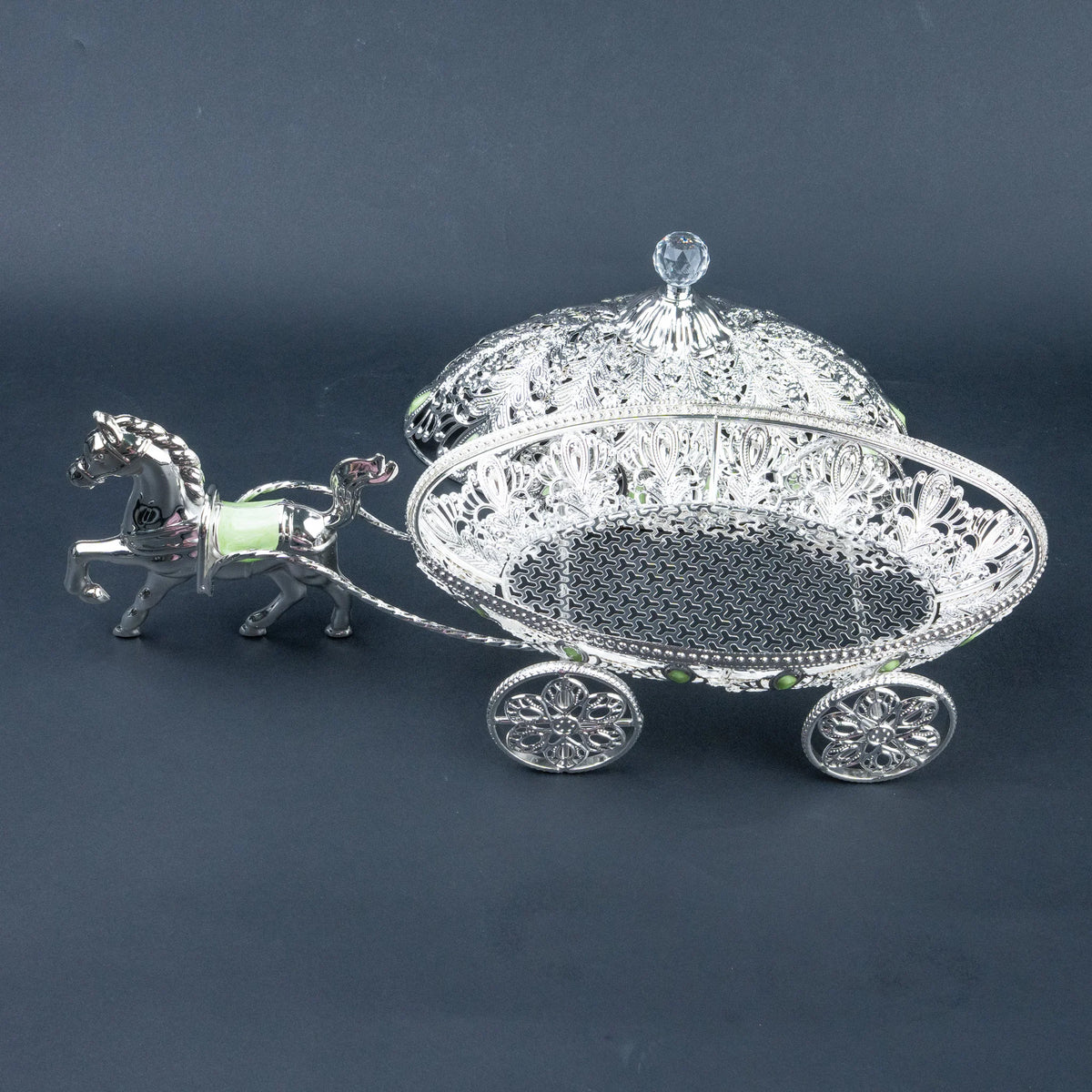 Luxury horse carriage jewellery box with ornate silver finish