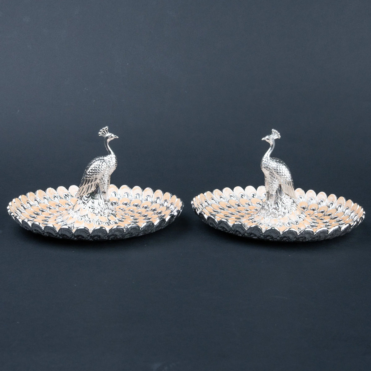 Two-piece silver and champagne peacock platter set for luxury home decor and festive serving