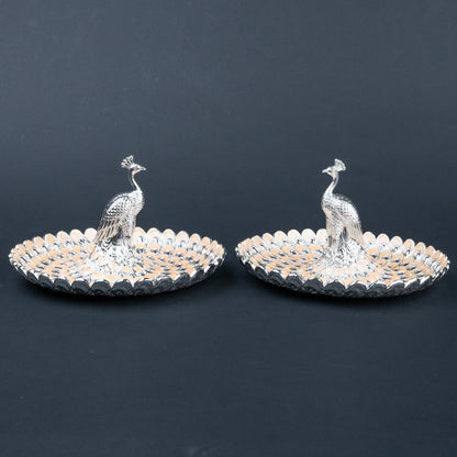 Two-piece silver and champagne peacock platter set for luxury home decor and festive serving