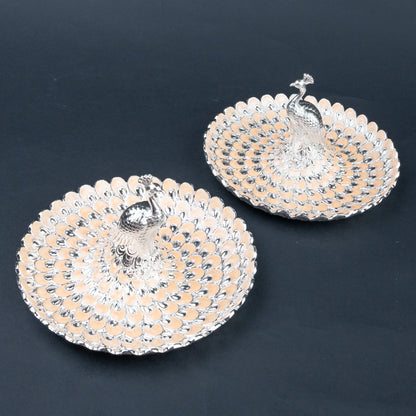 Luxury two-piece peacock serving platter set with intricate metallic detailing