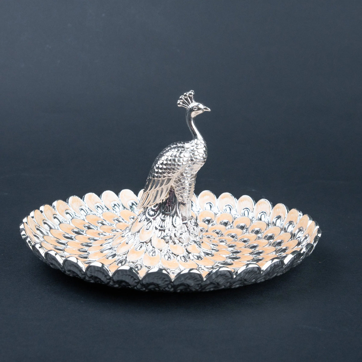 Decorative peacock platter set presented in premium forest green storage case