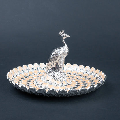 Decorative peacock platter set presented in premium forest green storage case