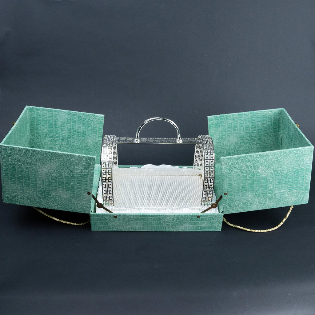 Silver Greek key decorative serving basket with raised handle for festive table décor
